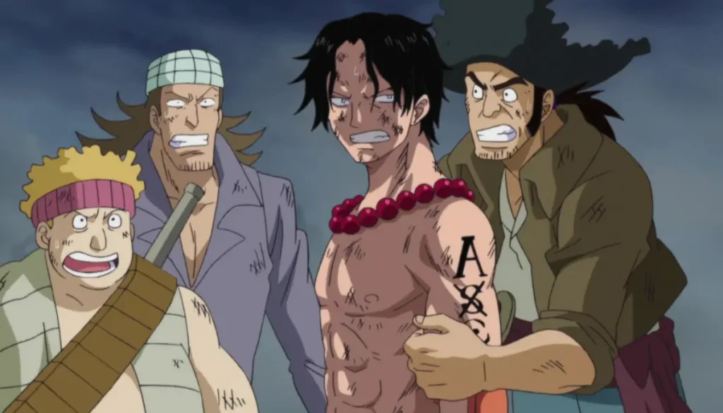 Ace with Whitebeard crew members showing distressed expressions during One Piece Marineford arc