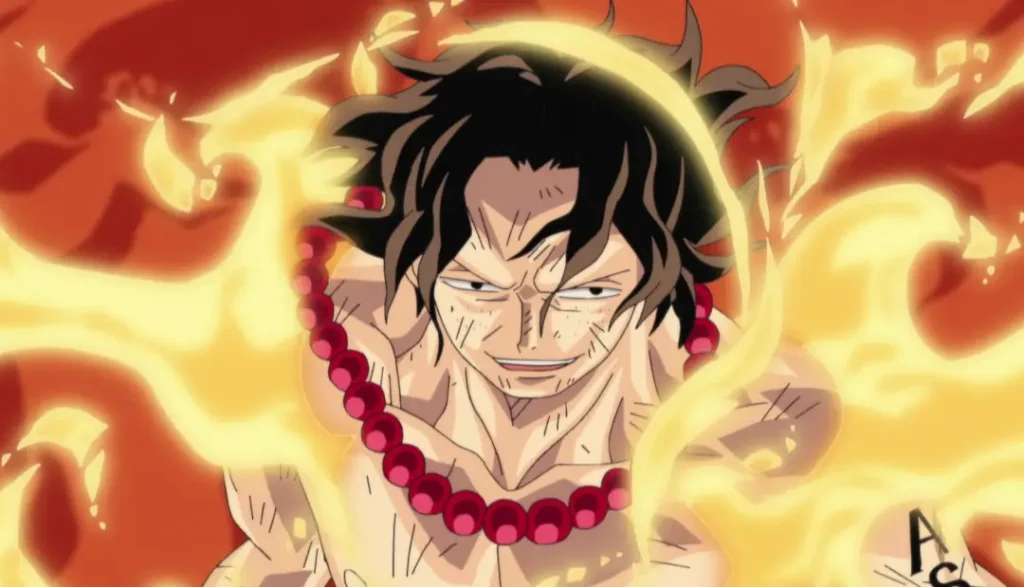 Ace using his Mera Mera no Mi fire devil fruit powers in One Piece showing his flames ability