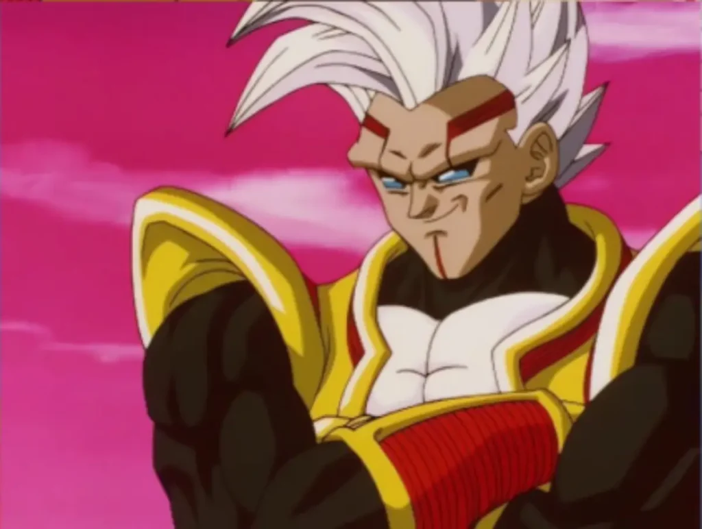 Baby Vegeta in his Super Baby 2 form with white hair and golden armor, Dragon Ball GT.