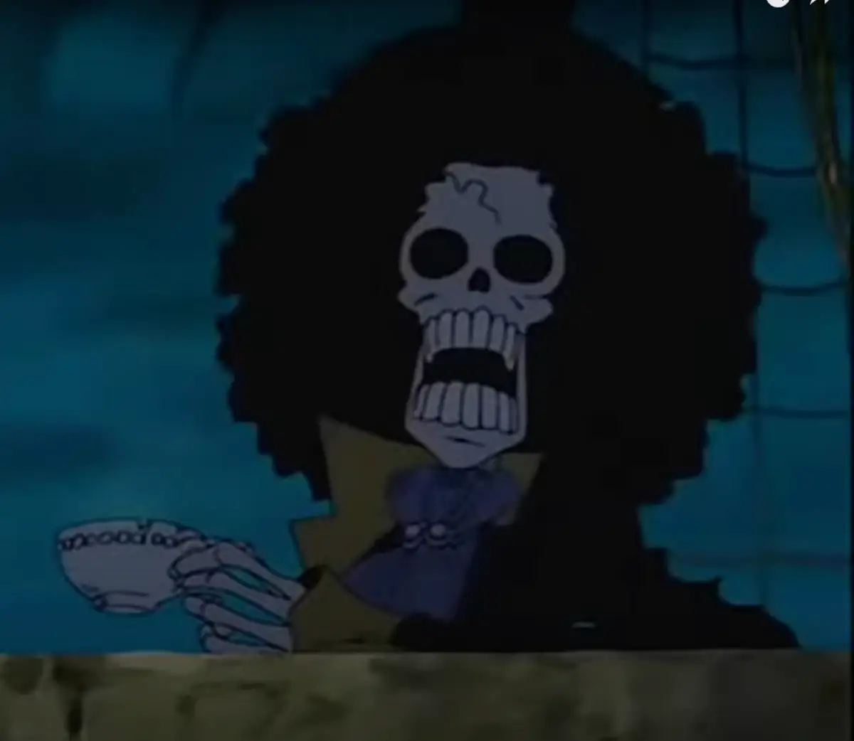 Brook from One Piece in serious moment showing the darker side of his undead existence and lonely past
