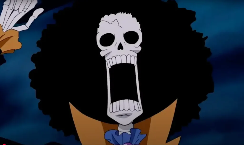 Brook from One Piece showing his characteristic skull face and humorous expression as crew musician
