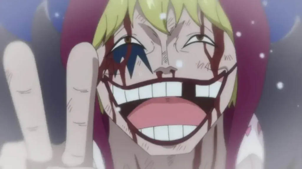 Donquixote Rosinante (Corazon) bleeding but smiling and showing a peace sign in his last moments, One Piece.