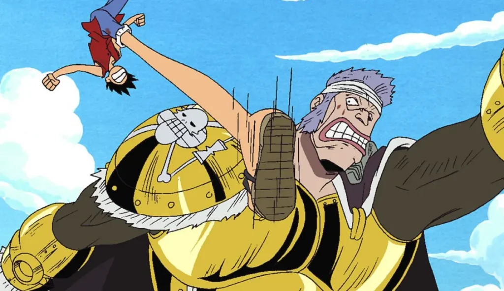 Don Krieg from One Piece in golden armor mask showing the East Blue pirate who hit rock bottom after defeat