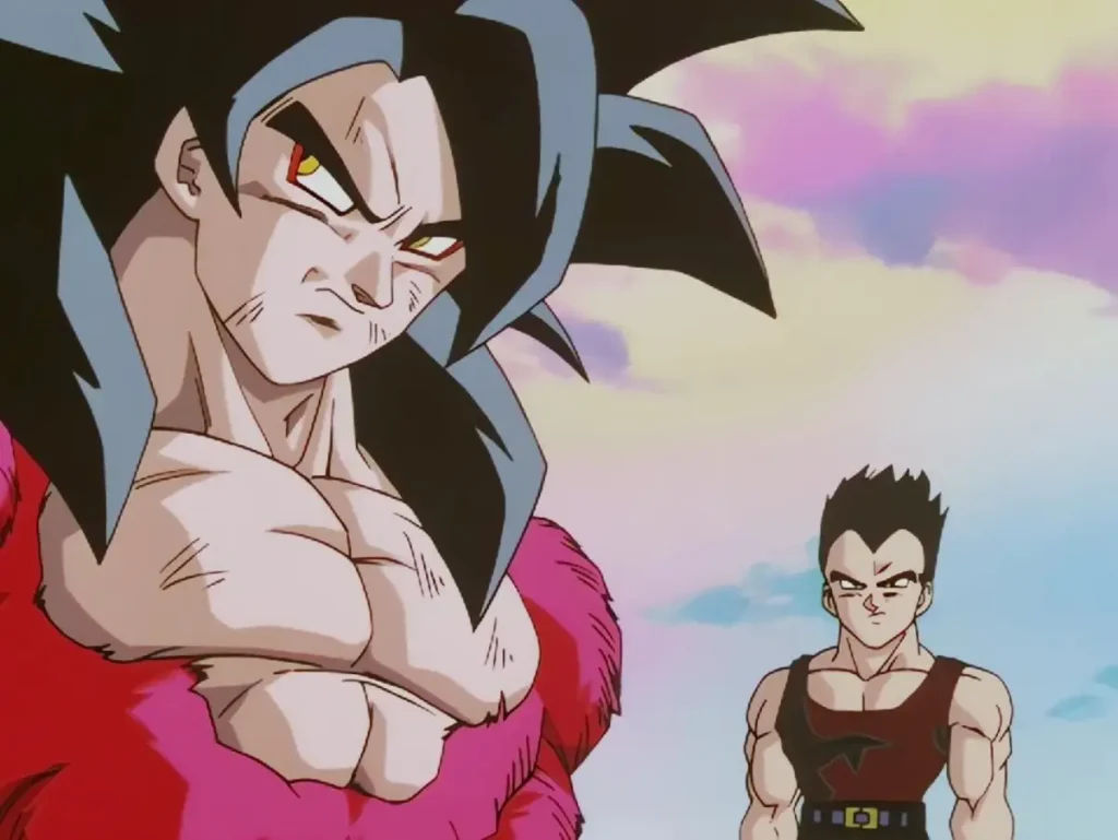 Super Saiyan 4 Goku standing beside vegeta, both looking serious in Dragon Ball GT.