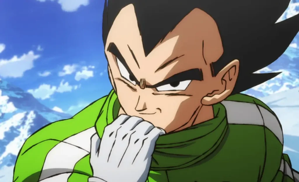 Vegeta in his green winter coat preparing for battle in Dragon Ball Super: Broly movie.