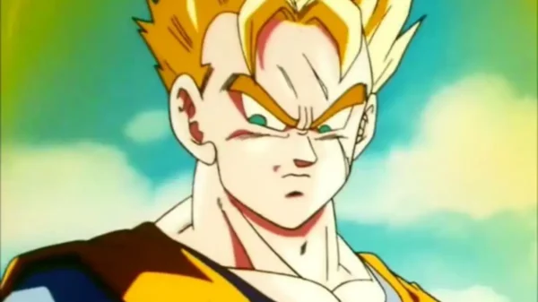 Future Trunks kneeling in the rain, holding the lifeless body of Future Gohan after the android fight, Dragon Ball Z special.