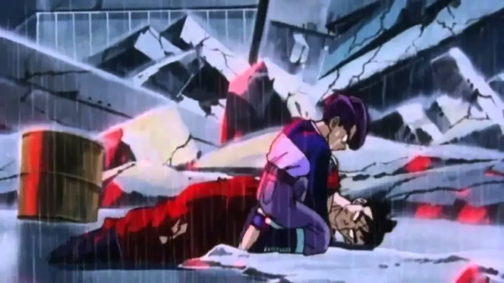 Future Trunks crying over the dead body of Future Gohan in the rain, Dragon Ball Z special.