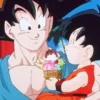Goku smiling while holding pan, who is happily eating ice cream, Dragon Ball Z.