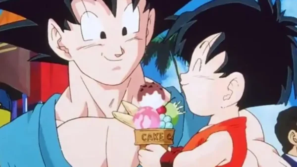 Goku smiling while holding pan, who is happily eating ice cream, Dragon Ball Z.