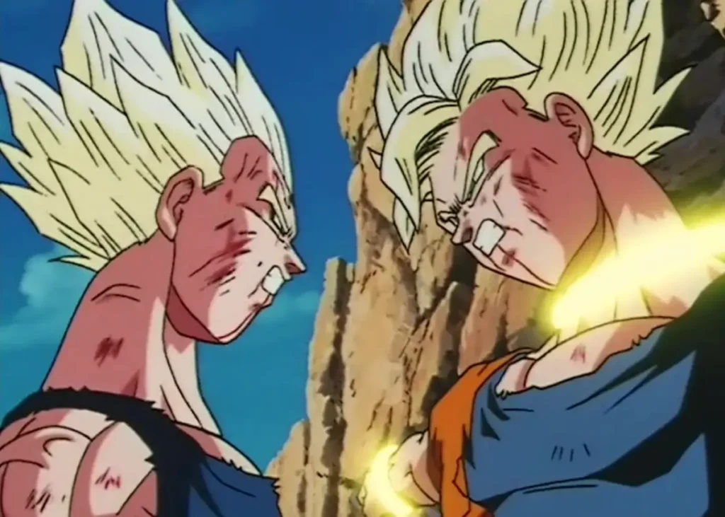 Super Saiyan Goku and Super Saiyan Vegeta bruised and glaring at each other during their intense battle, Dragon Ball Z.