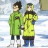 Vegeta and Bulma wearing green winter coats in a snowy landscape, Dragon Ball Z.
