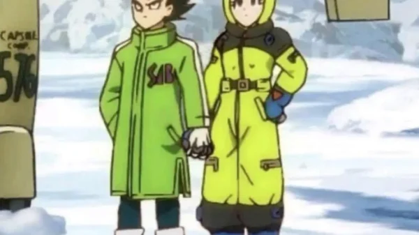 Vegeta and Bulma wearing green winter coats in a snowy landscape, Dragon Ball Z.