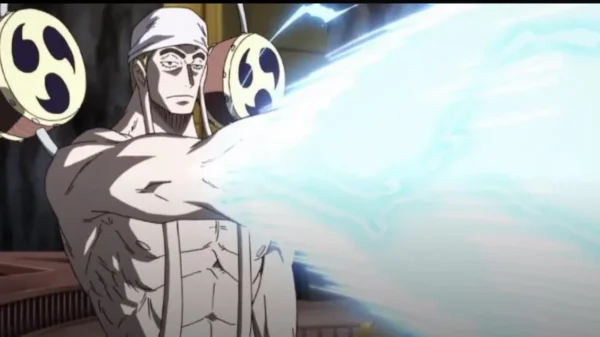 Enel from One Piece with lightning drums showing his god complex before his tragic downfall and inability to recover