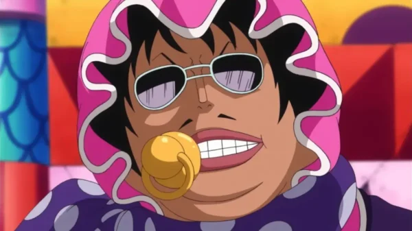 Señor Pink from One Piece in baby outfit showing his tragic backstory of dressing as infant for comatose wife