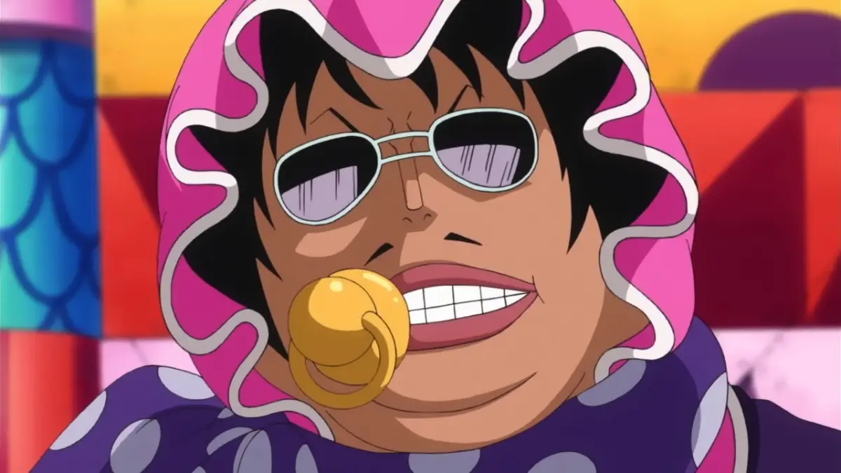 Señor Pink from One Piece in baby outfit showing his tragic backstory of dressing as infant for comatose wife