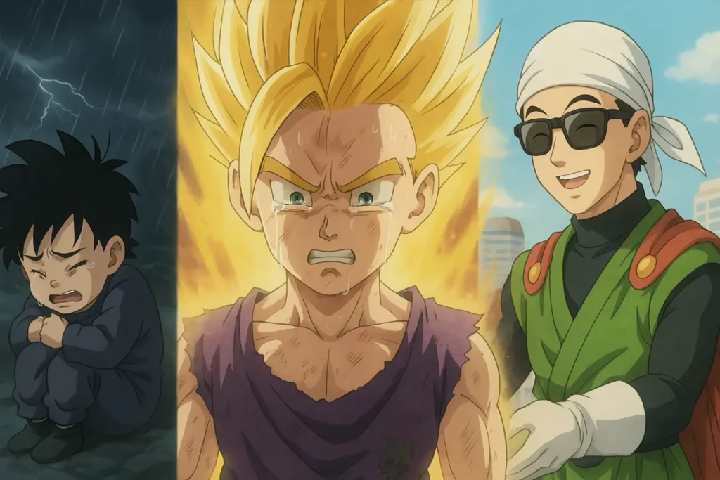 Gohan from Dragon Ball Z showing his character evolution from scared child to Super Saiyan to Great Saiyaman