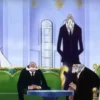 The five Gorosei elders of the World Government meeting in Mariejois with a Marine admiral present, One Piece anime.