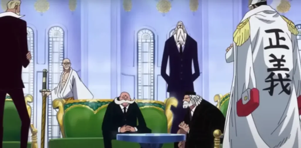 The five Gorosei elders of the World Government meeting in Mariejois with a Marine admiral present, One Piece anime.