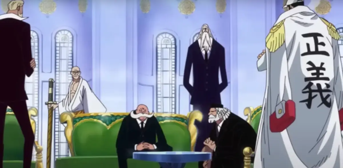 The five Gorosei elders of the World Government meeting in Mariejois with a Marine admiral present, One Piece anime.