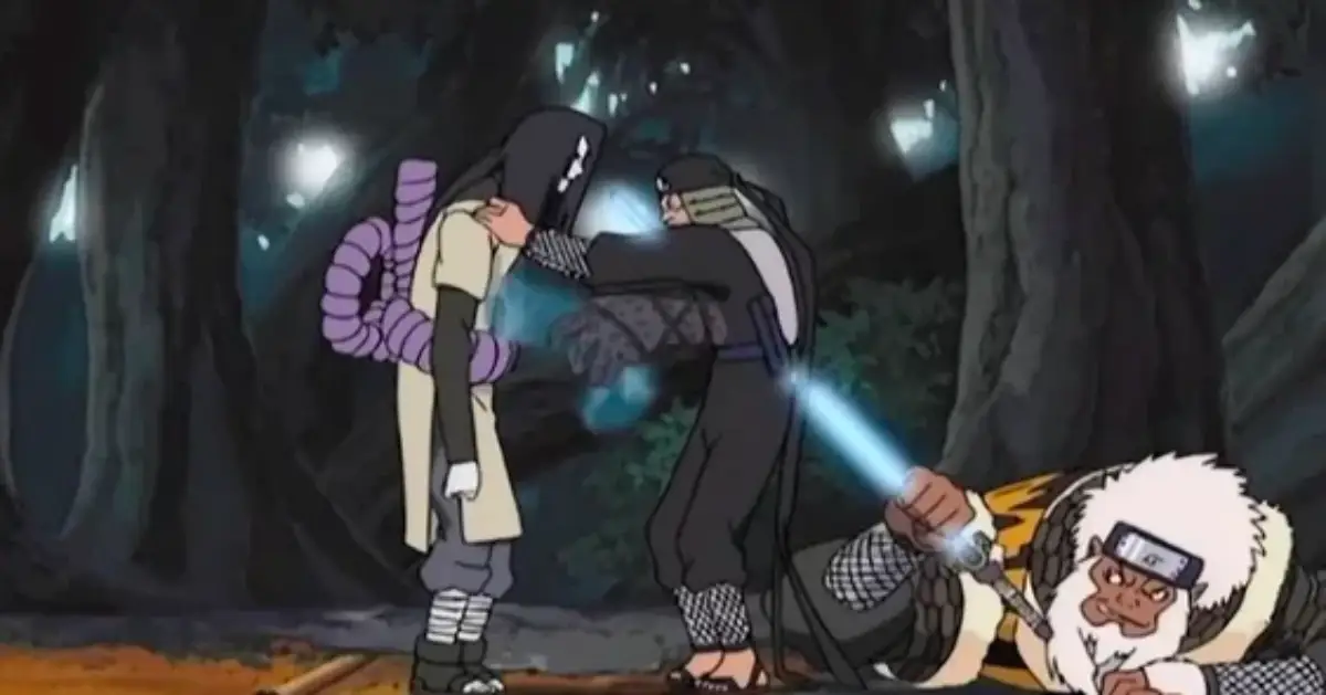 Third Hokage Hiruzen Sarutobi and Enma restraining Orochimaru during the Konoha invasion battle in Naruto.