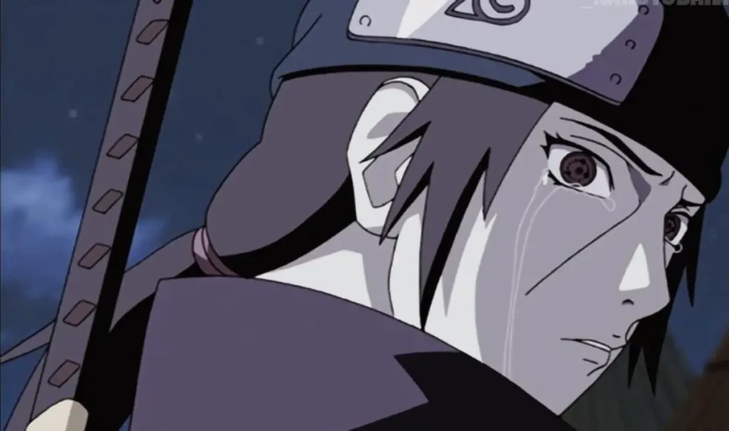 Itachi Uchiha crying while wearing his Leaf headband after the massacre.