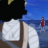 Luffy from One Piece walking on water toward shadowy figure in dramatic ocean scene