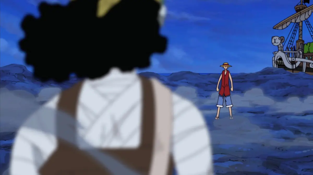 Luffy from One Piece walking on water toward shadowy figure in dramatic ocean scene