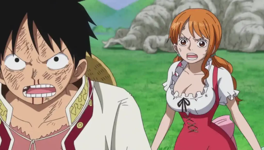 Luffy and Nami from One Piece showing shocked expressions during Whole Cake Island arc Sanji family drama