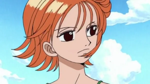 Nami from One Piece showing contemplative sad expression reflecting on her traumatic past with Arlong Pirates