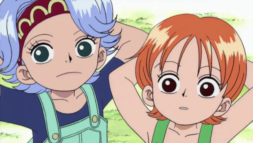 Young Nami and Nojiko as children in One Piece showing their sisterly bond before Arlong tragedy