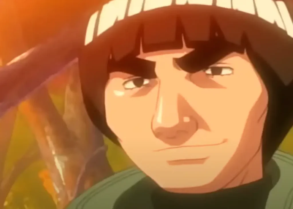 Might Guy smiling warmly with sunset light on his face, Naruto anime.