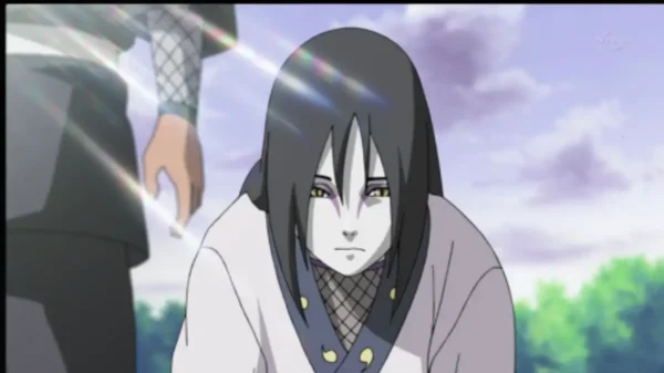 Orochimaru bowing with a calm expression, sunlight streaking across the scene, Naruto Shippuden.