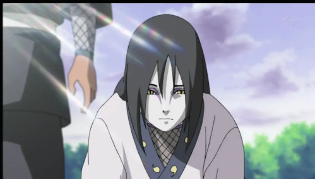 Orochimaru bowing with a calm expression, sunlight streaking across the scene, Naruto Shippuden.