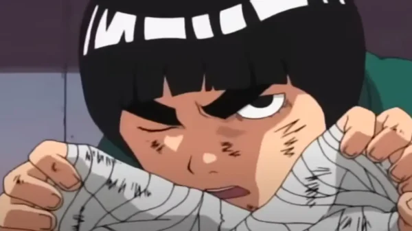 Rock Lee determinedly tying his hand bandages, bruised and injured, Naruto anime.
