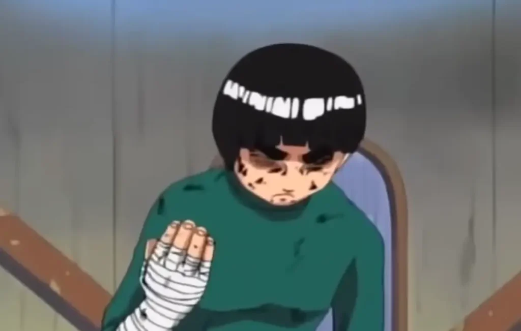 Rock Lee in his green jumpsuit, battered but ready, forming his fighting stance, Naruto anime.