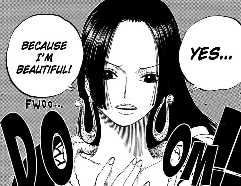 Boa Hancock manga panel confidently declaring “Because I’m beautiful,” One Piece.