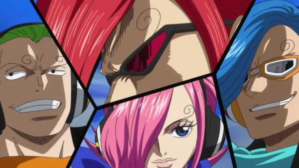Ichiji, Niji, Reiju, and Yonji from Germa 66 shown in a split-frame close-up, One Piece anime.