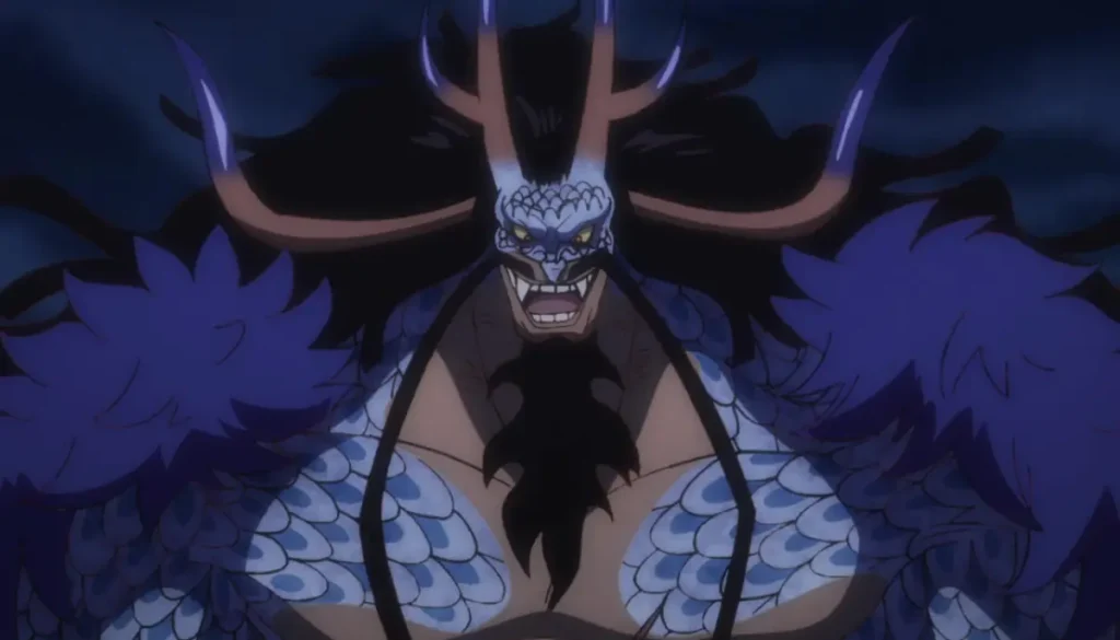 Kaido in his powerful hybrid dragon-beast form with scales and horns, One Piece anime.