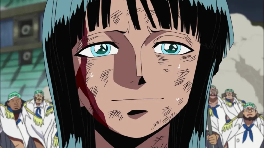 Nico Robin smiling softly despite bruises and blood after a tough battle, One Piece anime.