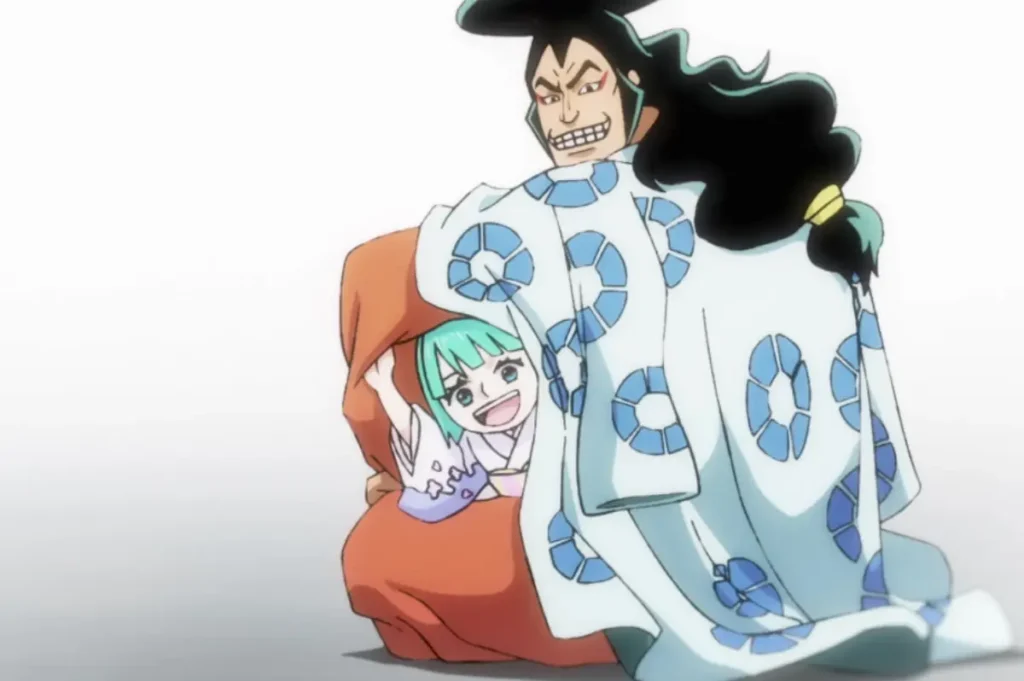 Kozuki Oden smiling while holding young Hiyori close under his kimono, One Piece anime flashback.