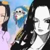 Nico Robin smiling in anime, Boa Hancock manga panel, One Piece.