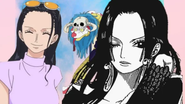 Nico Robin smiling in anime, Boa Hancock manga panel, One Piece.