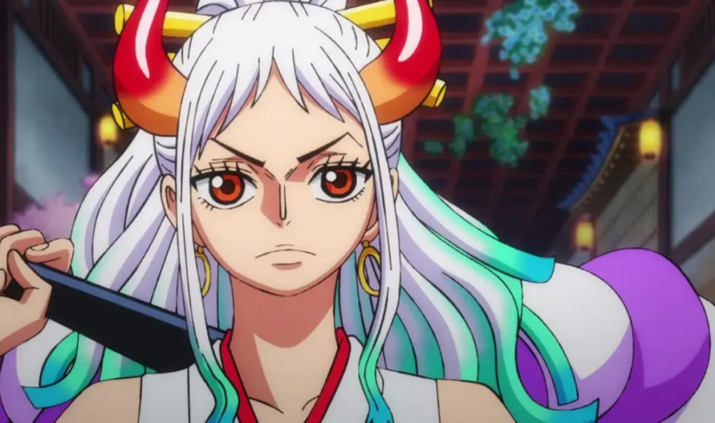 Yamato holding her kanabo with a determined expression during the Wano arc, One Piece anime.