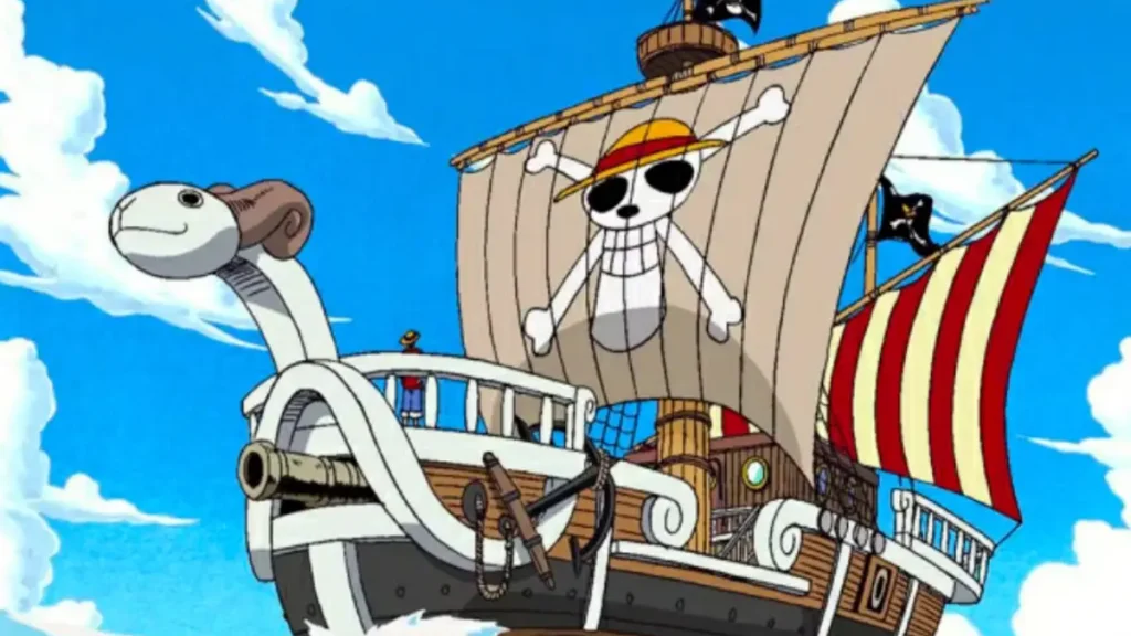 Going Merry ship sailing under clear skies with the Straw Hat Pirates’ jolly roger on its sail, One Piece.