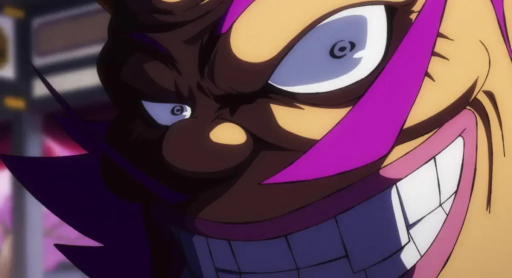Close-up of Orochi Kurozumi’s crazed smile during the Wano arc, One Piece anime.
