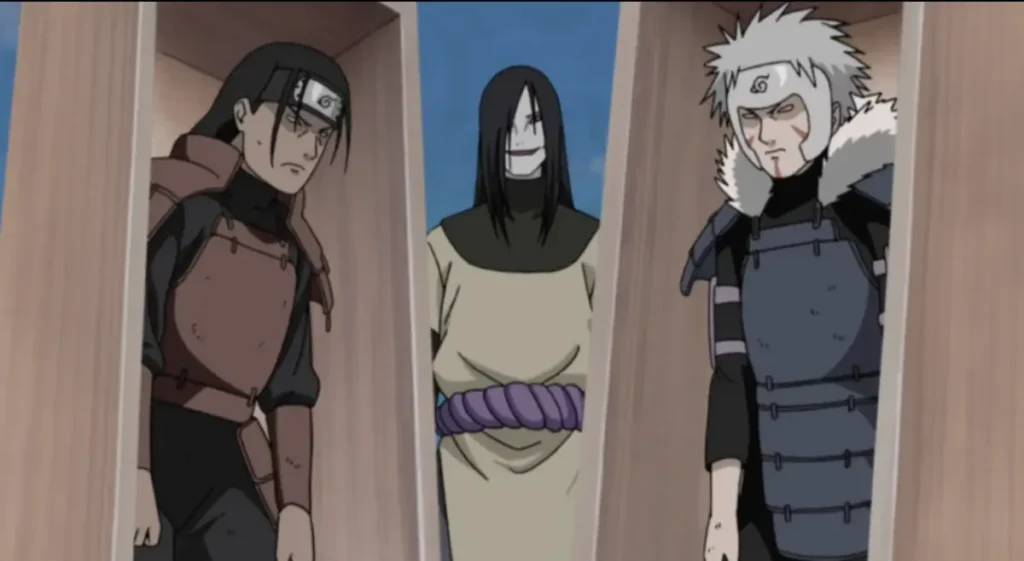 Orochimaru summoning the First Hokage Hashirama Senju and the Second Hokage Tobirama Senju with Edo Tensei coffins, Naruto anime.