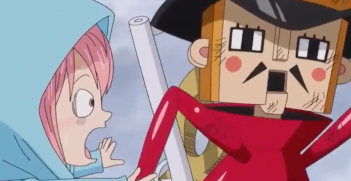 Rebecca in a blue hooded cloak speaking to the Toy Soldier (Kyros) in Dressrosa, One Piece anime.