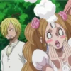 Sanji and Pudding during wedding ceremony in One Piece Whole Cake Island arc showing emotional moment