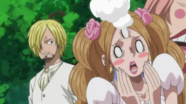 Sanji and Pudding during wedding ceremony in One Piece Whole Cake Island arc showing emotional moment