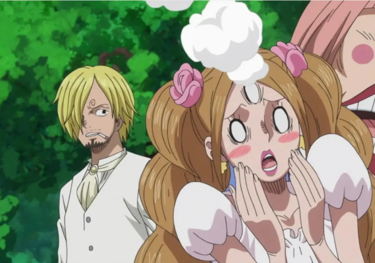 Sanji and Pudding during wedding ceremony in One Piece Whole Cake Island arc showing emotional moment
